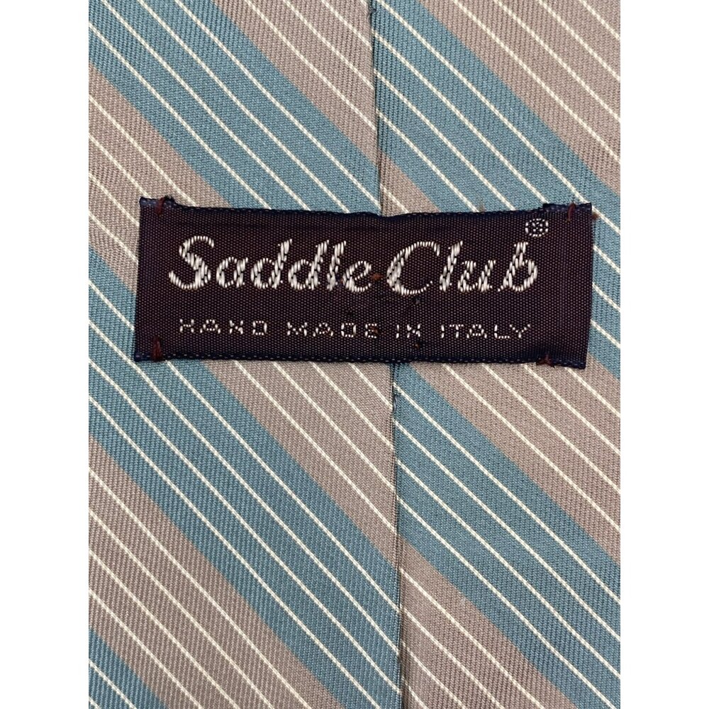 Saddle Club Tan Blue Striped Italy Italian Silk Tie Neck Luxury Vintage Mens - Picture 6 of 6